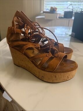 Frye Tan Suede Cork Platform Lace-Up Wedges